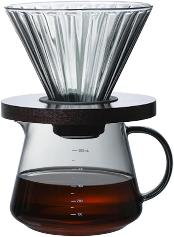 コーヒードリッパー ハンドドリップセット コーヒーサーバー 割れない 高ホウ素シリカガラス材料 耐熱ガラス 直火対応 耐寒性 クルミ材 ドリッパー 透明 電子レンジ·食洗機対応 コーヒー用品 使いやすい 洗いやすい 多用途 家用 喫茶店 1~4杯用 500ml グレー