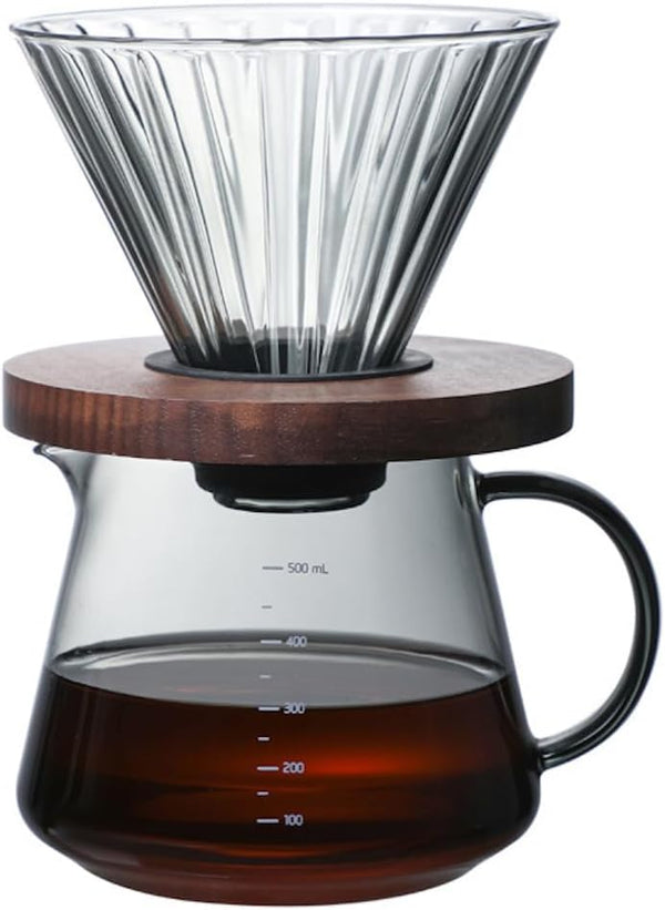 コーヒードリッパー ハンドドリップセット コーヒーサーバー 割れない 高ホウ素シリカガラス材料 耐熱ガラス 直火対応 耐寒性 クルミ材 ドリッパー 透明 電子レンジ·食洗機対応 コーヒー用品 使いやすい 洗いやすい 多用途 家用 喫茶店 1~4杯用 500ml グレー