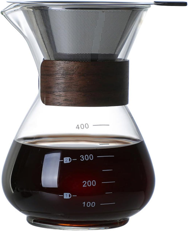 コーヒーサーバー 割れない 400ml 高ホウ素シリカガラス材料 目盛付き 直火対応 コーヒーポット ドリップコーヒーサーバー ペーパーコーヒーフィルター不要 電子レンジ 食洗機対応 コーヒー用品 使いやすい 洗いやすい 多用途 家用 喫茶店 1~3杯用 ドリップ付き