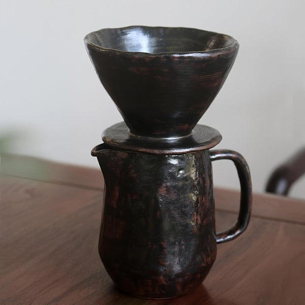 コーヒードリッパー コーヒーサーバーセット 300ml 陶器製 レトロ 侘び寂び ハンドドリップセット コーヒーサーバー ドリッパー 電子レンジ·食洗機対応 コーヒー用品 洗いやすい 多用途 家用 喫茶店 プレゼント おしゃれ 1~2杯用 ブラック