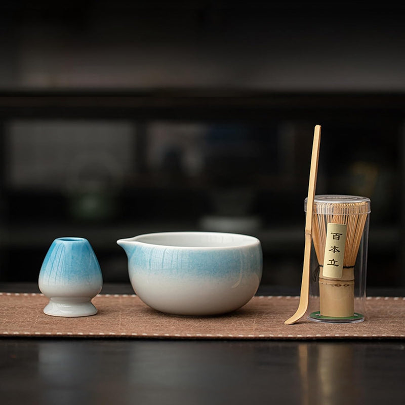 MIYUNO 抹茶 セット 抹茶セット 自宅用 茶道具 初心者 4点セット お点前セット 抹茶 陶器 抹茶茶碗 茶杓 茶せん 百本立 茶筅立て くせ直し 茶道セット matcha set for beginners お手入れも簡単 母の日 父の日 誕生日 贈り物セット おしゃれ グラデーションブルー 510ml CJ84