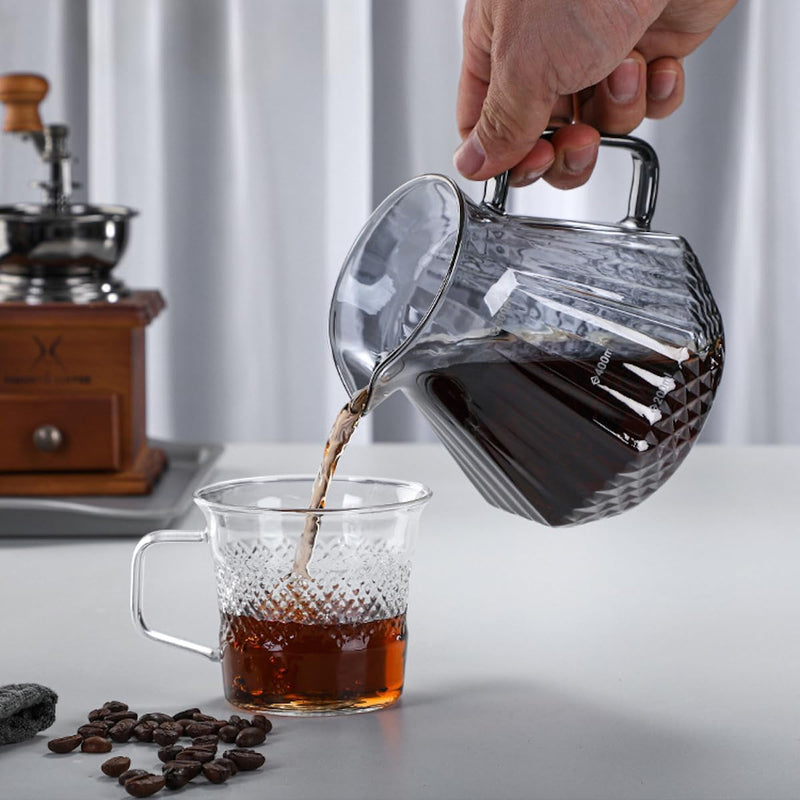 コーヒードリッパー ハンドドリップセット コーヒーサーバー 割れない 高ホウ素シリカガラス材料 耐熱ガラス 直火対応 耐寒性 クルミ材 ドリッパー ダイヤモンド 電子レンジ·食洗機対応 コーヒー用品 目盛り付き 洗いやすい 多用途 家用 喫茶店 1~4杯用 600ml グレー
