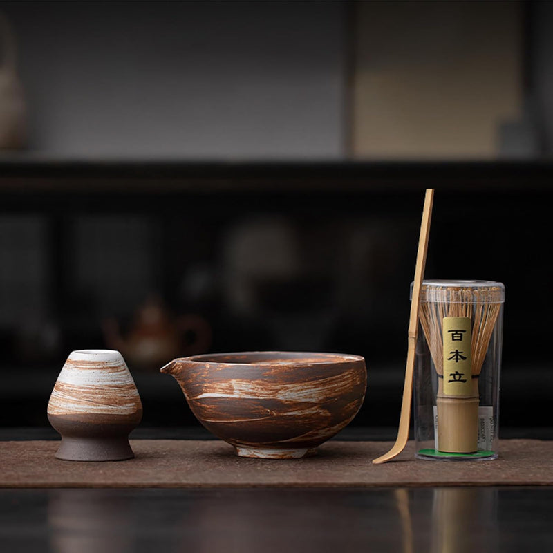 MIYUNO 抹茶セット 茶道具 初心者 自宅用 お点前セット 4点セット 陶器 抹茶茶碗 茶杓 茶筅 茶せん 百本立 茶筅立て くせ直し お手入れも簡単 母の日 父の日 誕生日 贈り物 おしゃれ ブラック 330ml