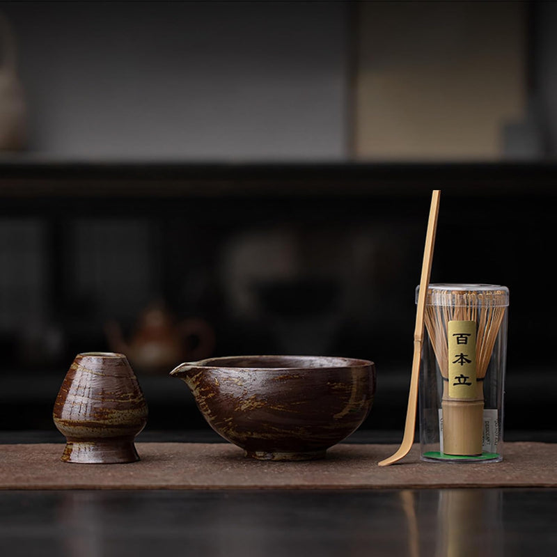 MIYUNO 抹茶セット 茶道具 初心者 自宅用 お点前セット 4点セット 陶器 抹茶茶碗 茶杓 茶筅 茶せん 百本立 茶筅立て くせ直し お手入れも簡単 母の日 父の日 誕生日 贈り物 おしゃれ ブラック 330ml