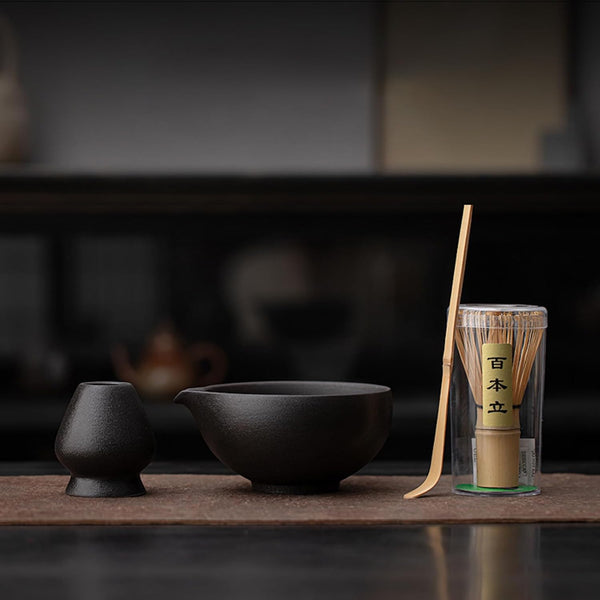 MIYUNO 抹茶セット 茶道具 初心者 自宅用 お点前セット 4点セット 陶器 抹茶茶碗 茶杓 茶筅 茶せん 百本立 茶筅立て くせ直し お手入れも簡単 母の日 父の日 誕生日 贈り物 おしゃれ ブラック 330ml