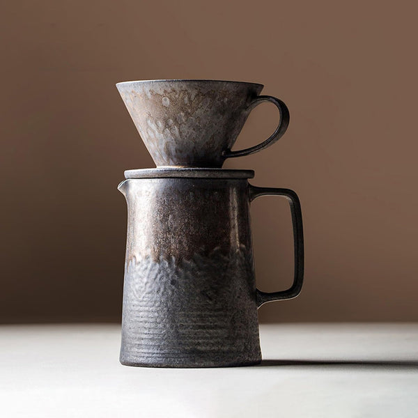 コーヒードリッパー コーヒーサーバーセット 450ml 復古 陶磁器製 ハンドドリップセット コーヒーサーバー ドリッパー 電子レンジ·食洗機対応 コーヒー用品 洗いやすい 多用途 家用 喫茶店 プレゼント おしゃれ 1~4杯用 鎏金