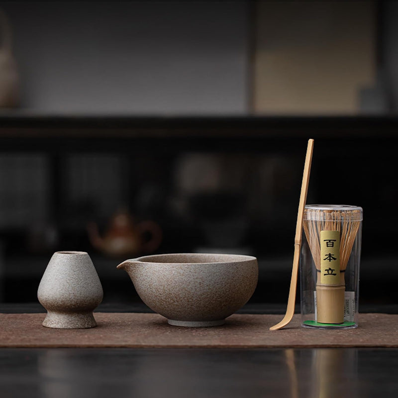 MIYUNO 抹茶セット 茶道具 初心者 自宅用 お点前セット 4点セット 陶器 抹茶茶碗 茶杓 茶筅 茶せん 百本立 茶筅立て くせ直し お手入れも簡単 母の日 父の日 誕生日 贈り物 おしゃれ ブラック 330ml