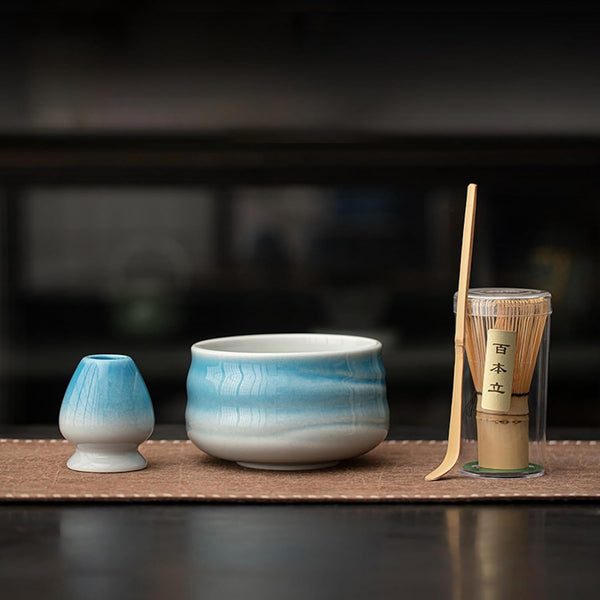 MIYUNO 抹茶 セット 抹茶セット 自宅用 茶道具 初心者 4点セット お点前セット 抹茶 陶器 抹茶茶碗 茶杓 茶せん 百本立 茶筅立て くせ直し 茶道セット matcha set for beginners お手入れも簡単 母の日 父の日 誕生日 贈り物セット おしゃれ グラデーションブルー 510ml CJ84