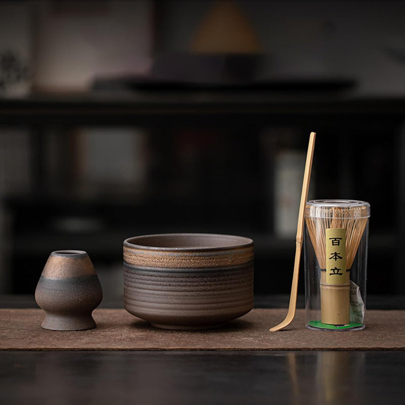抹茶セット 茶道具 初心者 自宅用 お点前セット 4点セット 陶器 抹茶茶碗 茶杓 茶筅 茶せん 百本立 茶筅立て くせ直し お手入れも簡単 母の日 父の日 誕生日 贈り物 侘寂 レトロ 鎏金 450ml