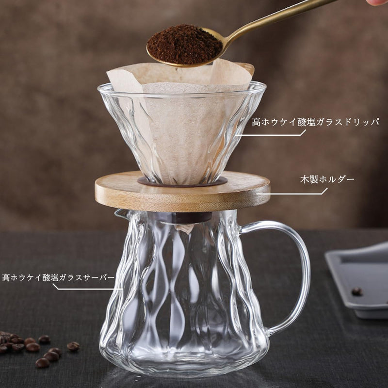 コーヒードリッパー,コーヒーサーバーJIKANNOYA コーヒードリッパー ハンドドリップセット コーヒーサーバー 割れない 高ホウ素シリカガラス材料 耐熱ガラス 直火対応 耐寒性 クルミ材 ドリッパー 電子レンジ·食洗機対応 コーヒー用品 使いやすい 洗いやすい 多用途 家用 喫茶店 1~4杯用 500ml グレー