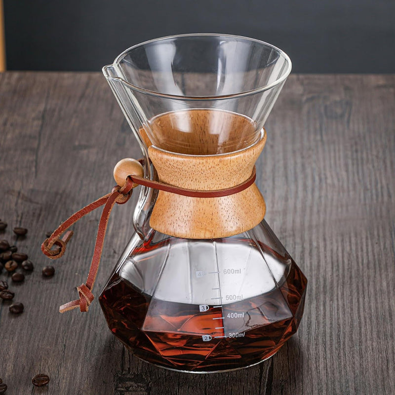 JIKANNOYA コーヒーポット 割れない 800ml 高ホウ素シリカガラス材料 目盛付き 直火対応 無垢材のハンドル コーヒーサーバー ドリップコーヒーサーバー ペーパーコーヒーフィルター不要 ダイヤモンド 電子レンジ 食洗機対応 コーヒー用品 使いやすい 洗いやすい 多用途 家用 喫茶店 1~5杯用 ドリップ付き