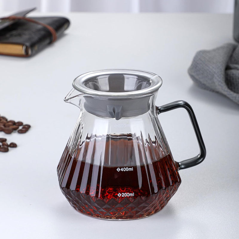コーヒードリッパー ハンドドリップセット コーヒーサーバー 割れない 高ホウ素シリカガラス材料 耐熱ガラス 直火対応 耐寒性 クルミ材 ドリッパー ダイヤモンド 電子レンジ·食洗機対応 コーヒー用品 目盛り付き 洗いやすい 多用途 家用 喫茶店 1~4杯用 600ml グレー
