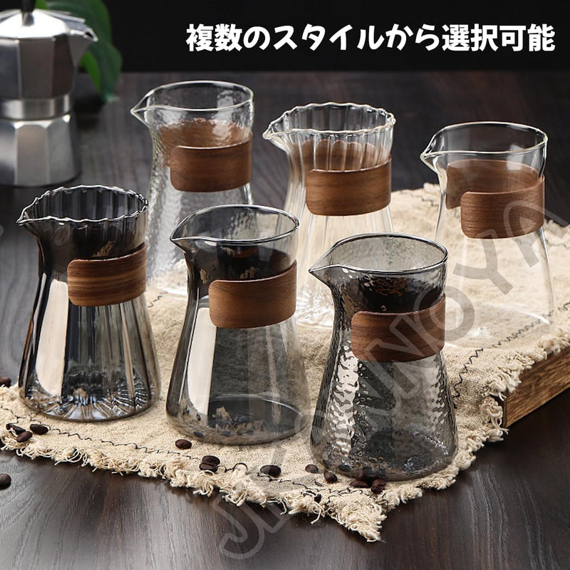 コーヒードリッパー,コーヒーサーバーJIKANNOYA コーヒーサーバー 割れない コーヒー サーバー 高ホウ素シリカガラス 耐熱ガラス 直火対応 耐寒性 クルミ材 コーヒーポット 透明 割れないコーヒーサーバー 電子レンジ 食洗機対応 コーヒー用品 使いやすい 洗いやすい 多用途 家用 喫茶店 1~3杯用 500ml 槌目ガラス グレー