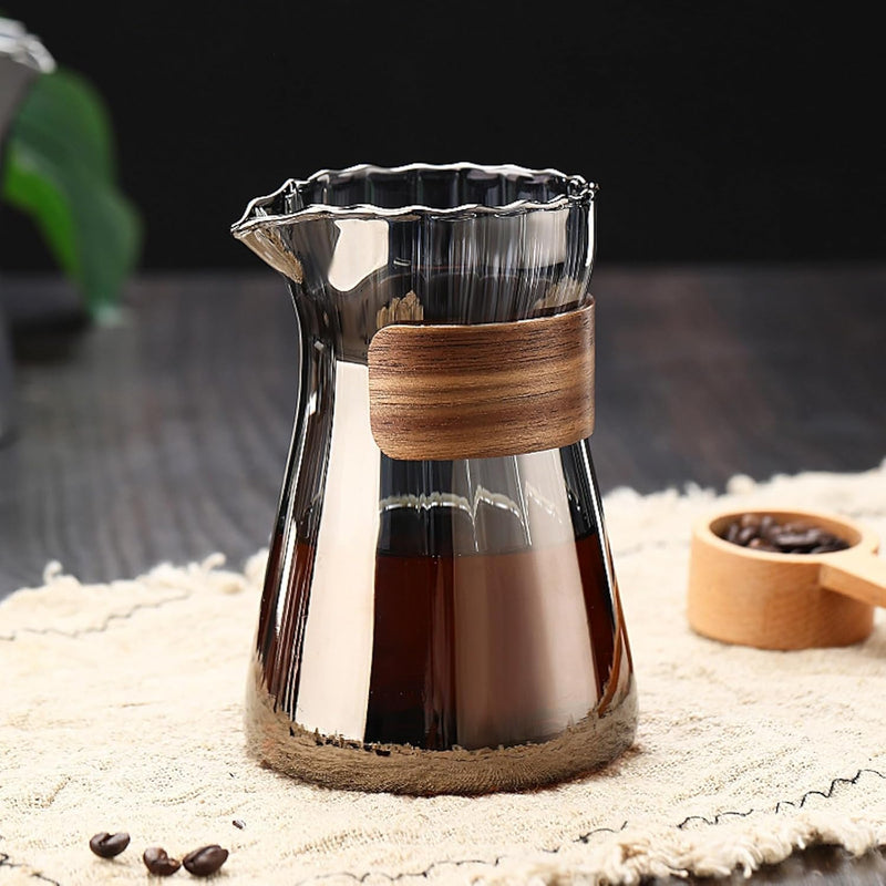 コーヒードリッパー,コーヒーサーバーJIKANNOYA コーヒーサーバー 割れない コーヒー サーバー 高ホウ素シリカガラス 耐熱ガラス 直火対応 耐寒性 クルミ材 コーヒーポット 透明 割れないコーヒーサーバー 電子レンジ 食洗機対応 コーヒー用品 使いやすい 洗いやすい 多用途 家用 喫茶店 1~3杯用 500ml 槌目ガラス グレー