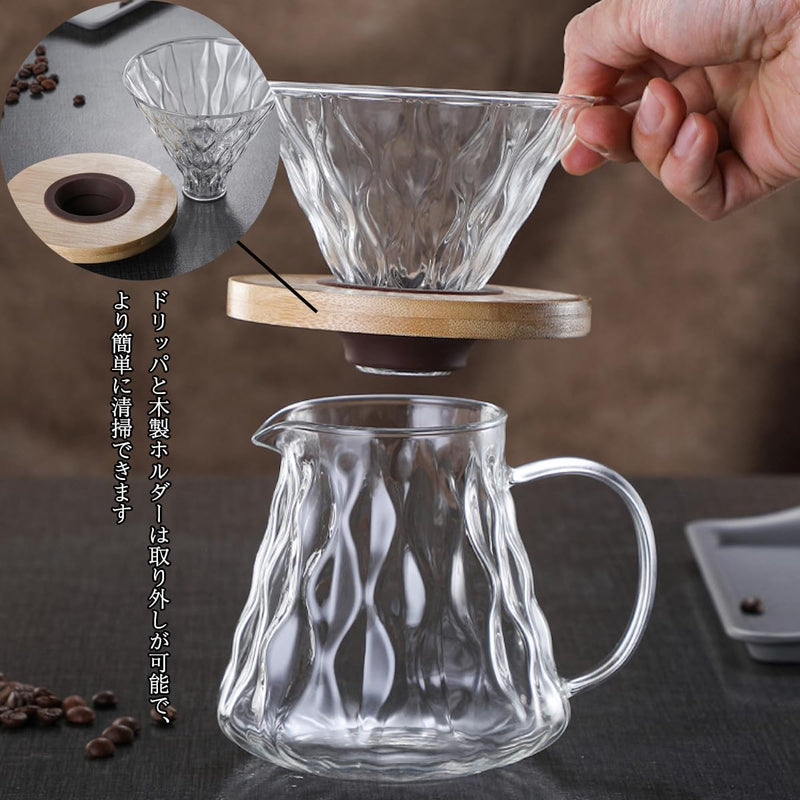 コーヒードリッパー,コーヒーサーバーJIKANNOYA コーヒードリッパー ハンドドリップセット コーヒーサーバー 割れない 高ホウ素シリカガラス材料 耐熱ガラス 直火対応 耐寒性 クルミ材 ドリッパー 電子レンジ·食洗機対応 コーヒー用品 使いやすい 洗いやすい 多用途 家用 喫茶店 1~4杯用 500ml グレー