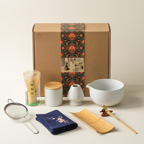MIYUNO 抹茶 セット 抹茶セット 茶道具 初心者 9点セット お点前セット 抹茶 陶器茶碗 お茶缶 茶杓 茶杓立て 茶せん 百本立 茶筅立て くせ直し 綿茶巾 茶巾立て 抹茶篩 茶道セット matcha set for beginners お手入れも簡単 母の日 父の日 誕生日 贈り物セット 500ml ホワイト