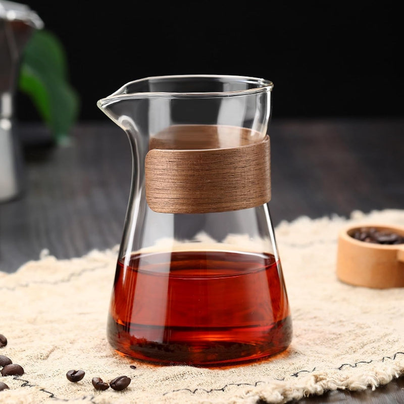 コーヒードリッパー,コーヒーサーバーJIKANNOYA コーヒーサーバー 割れない コーヒー サーバー 高ホウ素シリカガラス 耐熱ガラス 直火対応 耐寒性 クルミ材 コーヒーポット 透明 割れないコーヒーサーバー 電子レンジ 食洗機対応 コーヒー用品 使いやすい 洗いやすい 多用途 家用 喫茶店 1~3杯用 500ml 槌目ガラス グレー