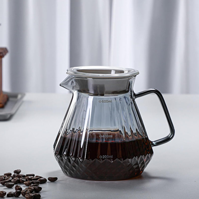 コーヒードリッパー ハンドドリップセット コーヒーサーバー 割れない 高ホウ素シリカガラス材料 耐熱ガラス 直火対応 耐寒性 クルミ材 ドリッパー ダイヤモンド 電子レンジ·食洗機対応 コーヒー用品 目盛り付き 洗いやすい 多用途 家用 喫茶店 1~4杯用 600ml グレー