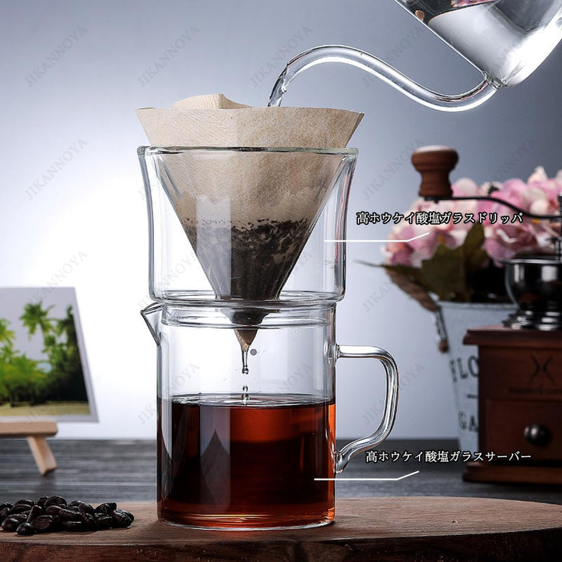 コーヒードリッパー ハンドドリップセット コーヒーサーバー 割れない 高ホウ素シリカガラス材料 耐熱ガラス 直火対応 耐寒性 透明 電子レンジ·食洗機対応 コーヒー用品 使いやすい 洗いやすい 多用途 家用 喫茶店 透明 1~2杯用 400ml