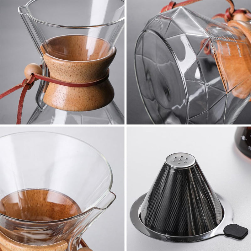 JIKANNOYA コーヒーポット 割れない 800ml 高ホウ素シリカガラス材料 目盛付き 直火対応 無垢材のハンドル コーヒーサーバー ドリップコーヒーサーバー ペーパーコーヒーフィルター不要 ダイヤモンド 電子レンジ 食洗機対応 コーヒー用品 使いやすい 洗いやすい 多用途 家用 喫茶店 1~5杯用 ドリップ付き