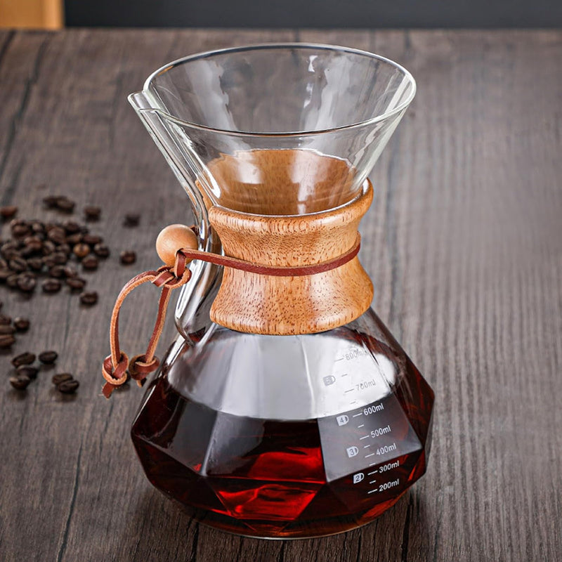 JIKANNOYA コーヒーポット 割れない 800ml 高ホウ素シリカガラス材料 目盛付き 直火対応 無垢材のハンドル コーヒーサーバー ドリップコーヒーサーバー ペーパーコーヒーフィルター不要 ダイヤモンド 電子レンジ 食洗機対応 コーヒー用品 使いやすい 洗いやすい 多用途 家用 喫茶店 1~5杯用 ドリップ付き