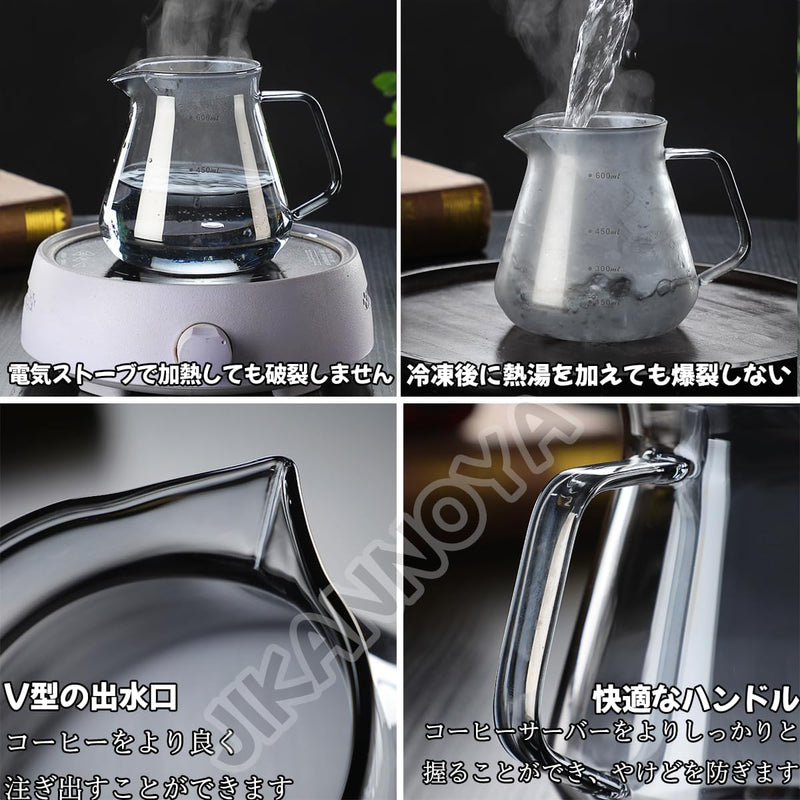 コーヒードリッパー ハンドドリップセット コーヒーサーバー 割れない コーヒー サーバー 高ホウ素シリカガラス材料 耐熱ガラス 直火対応 耐寒性 透明 蓋付き 電子レンジ·食洗機対応 目盛り付き コーヒー用品 使いやすい 洗いやすい 多用途 家用 喫茶店 1~4杯用 600ml グレー