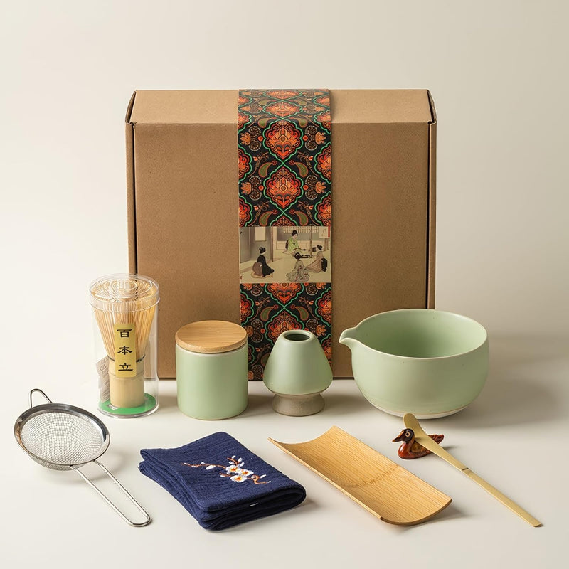 MIYUNO 抹茶 セット 抹茶セット 茶道具 初心者 9点セット お点前セット 抹茶 陶器茶碗 お茶缶 茶杓 茶杓立て 茶せん 百本立 茶筅立て くせ直し 綿茶巾 茶巾立て 抹茶篩 茶道セット matcha set for beginners お手入れも簡単 母の日 父の日 誕生日 贈り物セット 500ml ホワイト