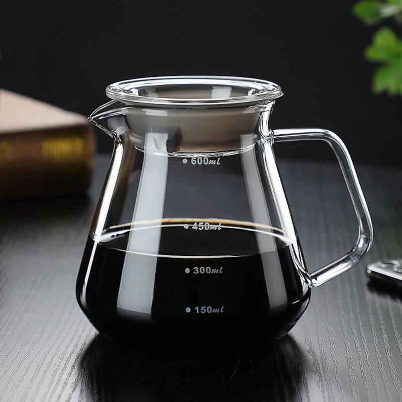 コーヒードリッパー ハンドドリップセット コーヒーサーバー 割れない コーヒー サーバー 高ホウ素シリカガラス材料 耐熱ガラス 直火対応 耐寒性 透明 蓋付き 電子レンジ·食洗機対応 目盛り付き コーヒー用品 使いやすい 洗いやすい 多用途 家用 喫茶店 1~4杯用 600ml グレー