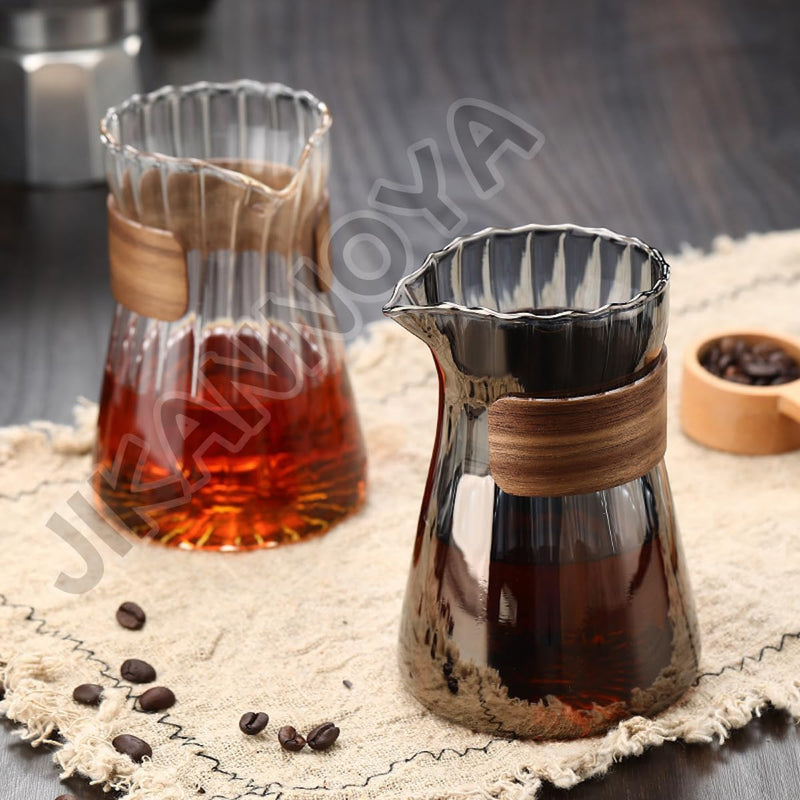 コーヒードリッパー,コーヒーサーバーJIKANNOYA コーヒーサーバー 割れない コーヒー サーバー 高ホウ素シリカガラス 耐熱ガラス 直火対応 耐寒性 クルミ材 コーヒーポット 透明 割れないコーヒーサーバー 電子レンジ 食洗機対応 コーヒー用品 使いやすい 洗いやすい 多用途 家用 喫茶店 1~3杯用 500ml 槌目ガラス グレー